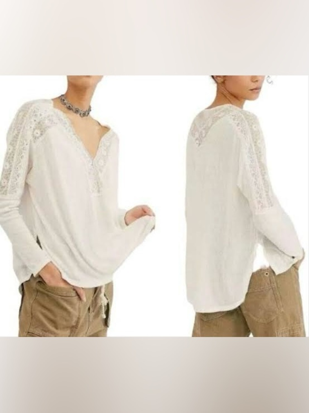 Free People Lola Lace V Neck Long Sleeve T Shirt White Women Size Large